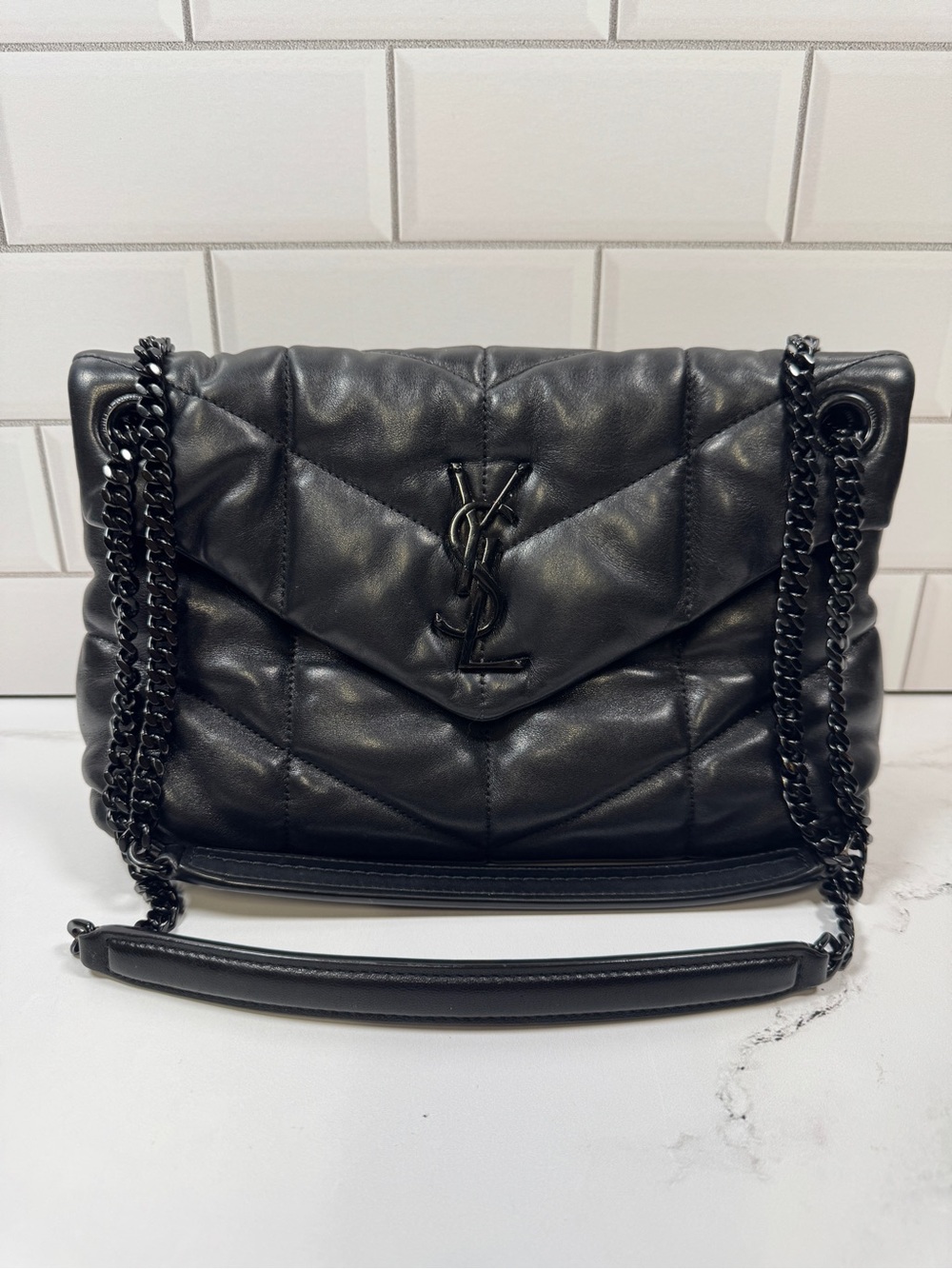 YSL Yves Saint Laurent Puffer Lambskin Leather Shoulder Bag Purse Crossbody
